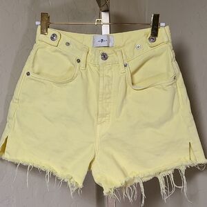 Yellow Frayed Hem Women Button Up Shorts 100% Cotton Flawed